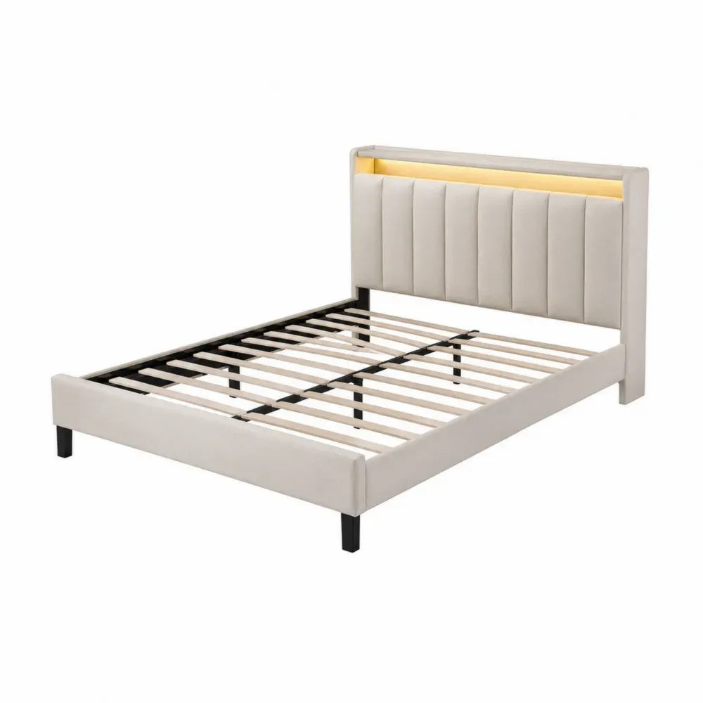 Cama doble tapizada con cabecero LED para colchón 160 x 200 cm estructura de acero y MDF rectangular beige