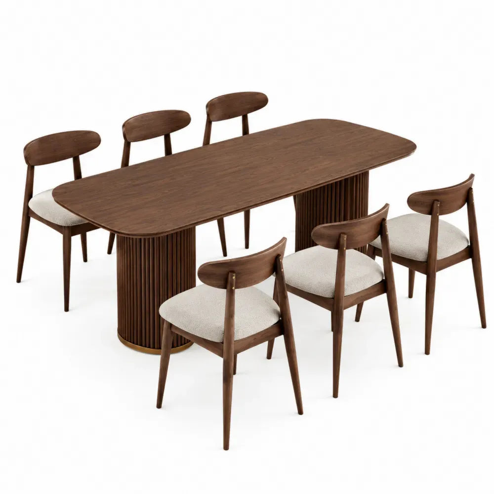 mesa de comedor de MDF chapado en nogal con base de madera maciza conjunto con 6 sillas tapizadas color nogal y beige 180 cm x 90 cm x 75 cm