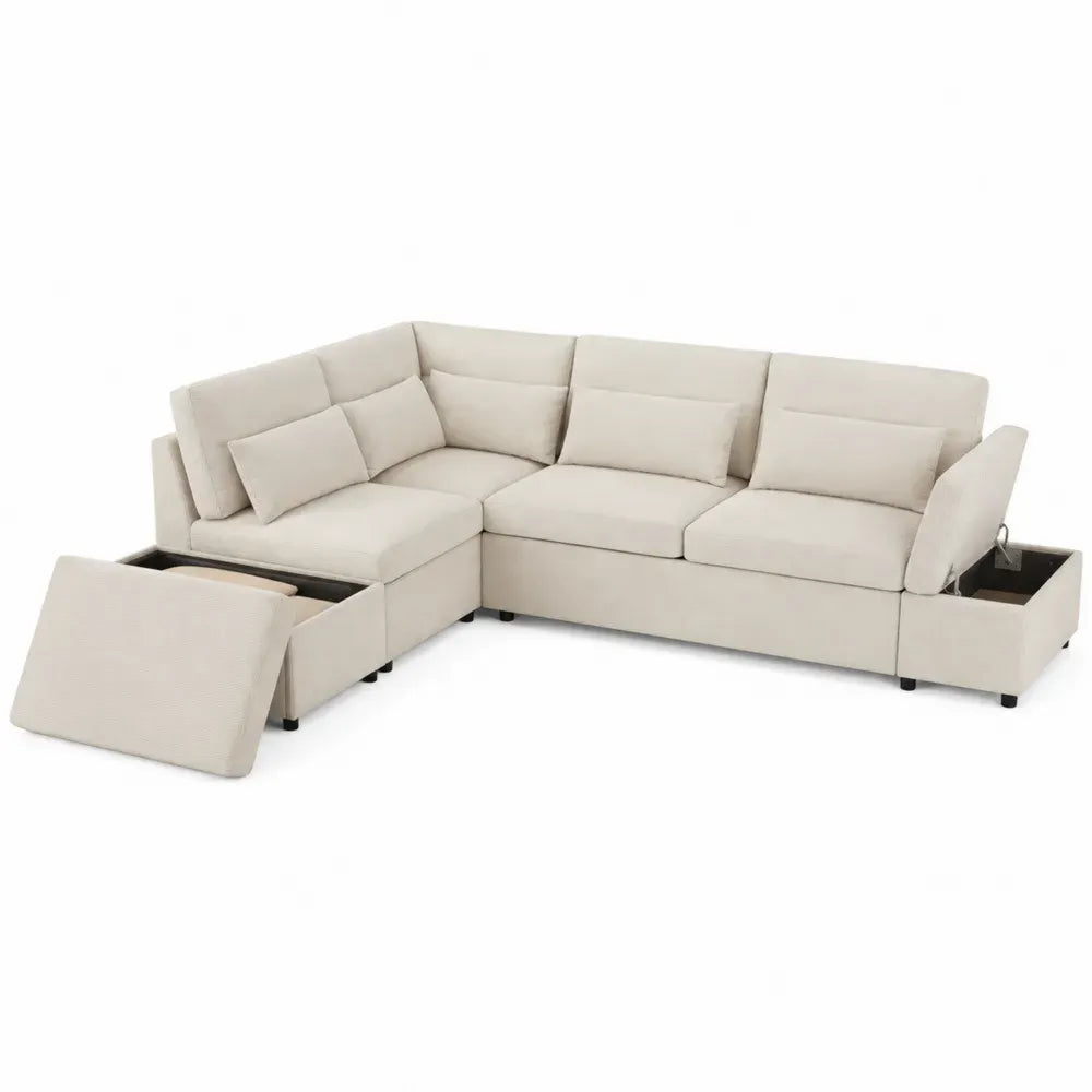 Sofá modular en L con almacenamiento tejido de poliéster color beige claro 260 cm x 160 cm x 85 cm