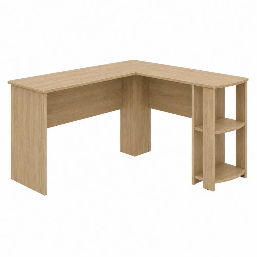 escritorio en l de tablero de partículas con estantería lateral integrada acabado madera roble claro 140 cm x 120 cm x 75 cm