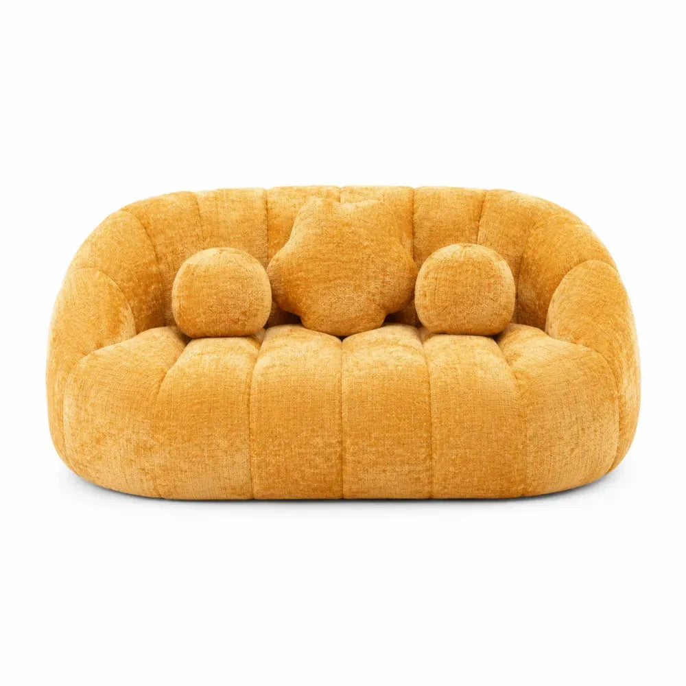 Sofá tapizado de 2 plazas en tejido de poliéster tipo chenilla amarillo mostaza forma curva 180 x 95 x 70 cm
