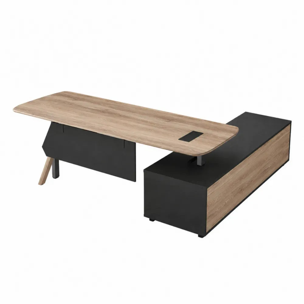Escritorio en L de oficina madera MDF y acero negro con almacenamiento lateral 140 x 120 x 75 cm madera natural negro