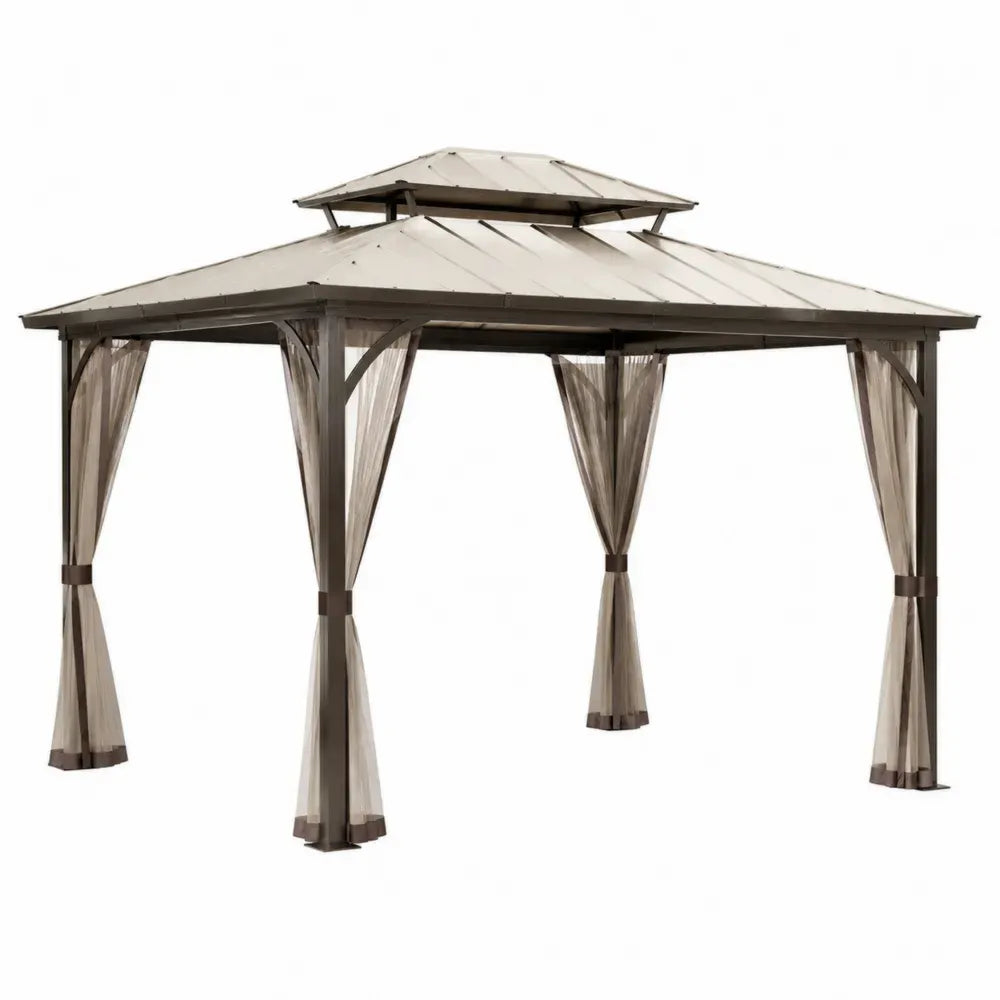 Pérgola de exterior con techo metálico doble estructura de acero con recubrimiento en polvo y cortinas laterales 300 x 300 x 270 cm