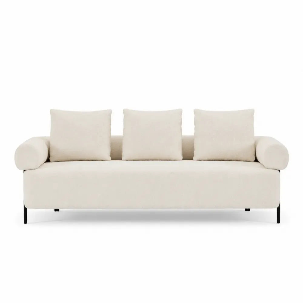Sofá de salón de 3 plazas tapizado en tejido de poliéster con patas metálicas color beige 220 cm x 90 cm x 85 cm