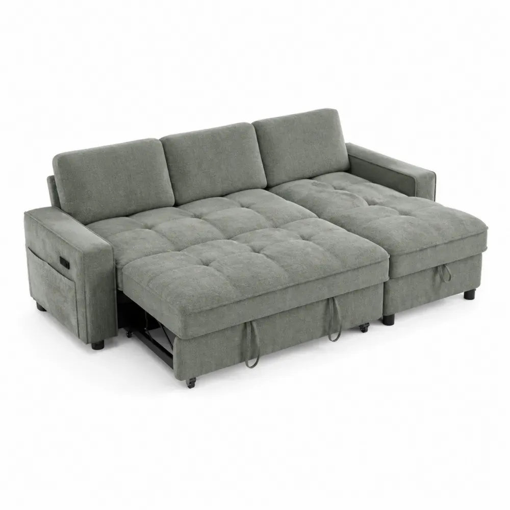 Sofá cama extensible de 3 plazas tapizado en tejido de poliéster verde grisáceo con asiento capitoné 220 x 150 x 85 cm