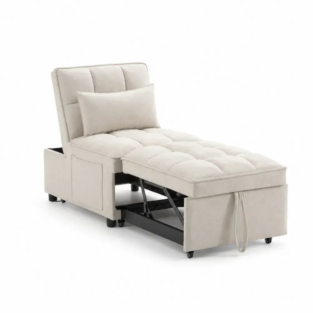 Sillón cama individual extensible rectangular tapizado en tejido de poliéster beige con estructura de acero 80 x 175 x 85 cm