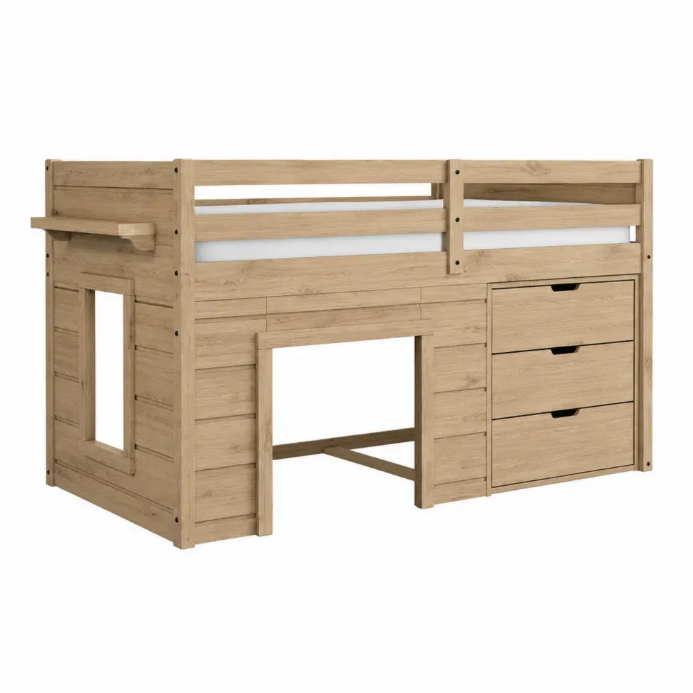 Cama alta infantil con escritorio y 3 cajones para colchón 90 x 200 cm MDF rectangular color madera natural