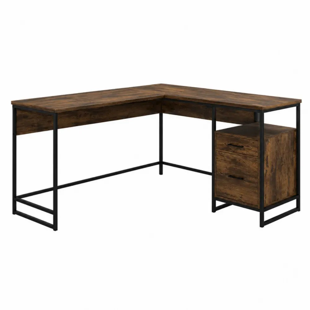 Escritorio en L de madera MDF y acero negro con cajonera lateral 140 x 120 x 75 cm marrón negro