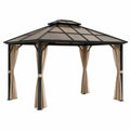 Gazebo de jardín con techo de policarbonato estructura de acero con cortinas de poliéster color negro beige 300 cm x 300 cm x 280 cm