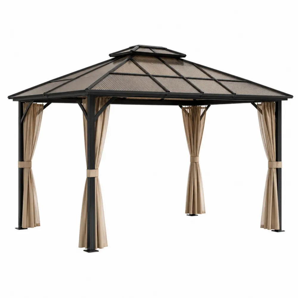Gazebo de jardín con techo de policarbonato estructura de acero con cortinas de poliéster color negro beige 300 cm x 300 cm x 280 cm