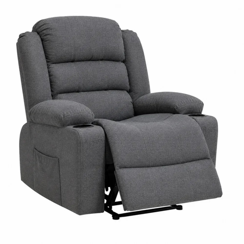 Sillón reclinable individual tapizado en tejido de poliéster gris oscuro con reposapiés extensible y portavasos 90 x 170 x 100 cm
