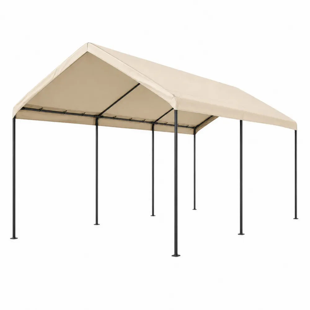 Pérgola de exterior rectangular con techo a dos aguas estructura de acero y cubierta de poliéster beige y negro 600 x 300 x 260 cm