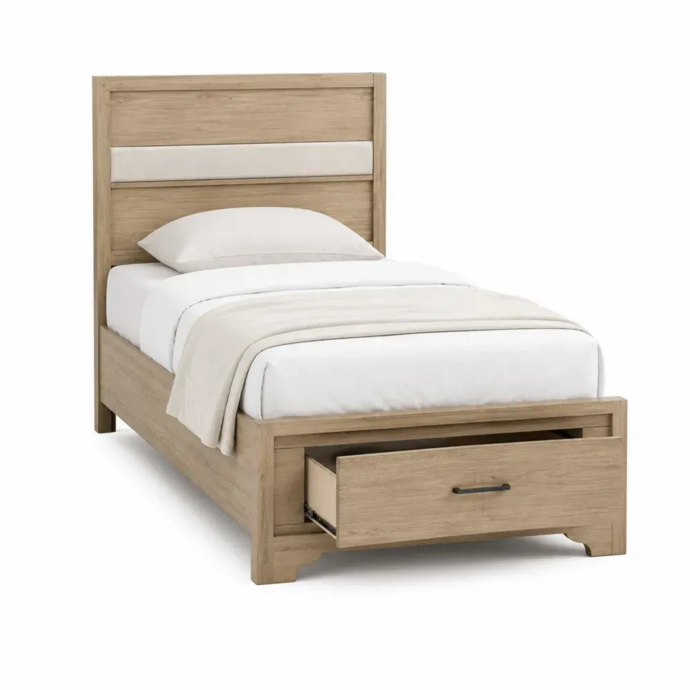 Cama individual con cajón de almacenamiento para colchón 90 x 200 cm estructura de MDF rectangular madera natural y blanco