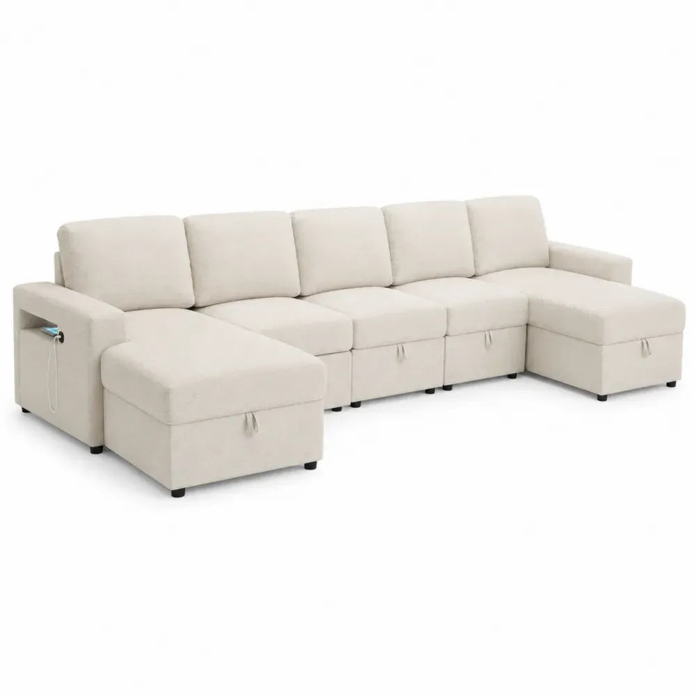 Sofá seccional modular en U tapizado en tejido de poliéster beige con almacenamiento 250 x 160 x 85 cm