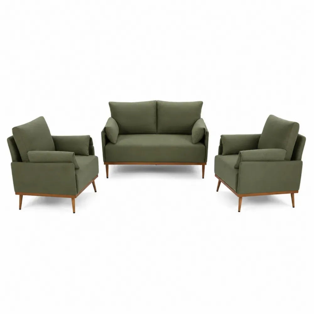 Conjunto de sofás de 3 piezas tapizado en tejido de poliéster verde oliva con patas de madera 2 sillones y sofá de 2 plazas 200 x 85 x 85 cm