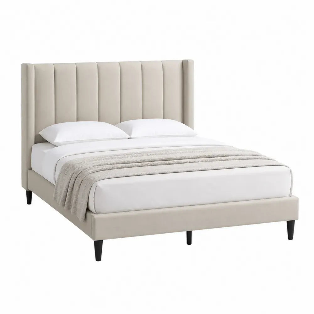 Cama tapizada para colchón 160 x 200 cm con cabecero acolchado vertical estructura de MDF rectangular beige y negro