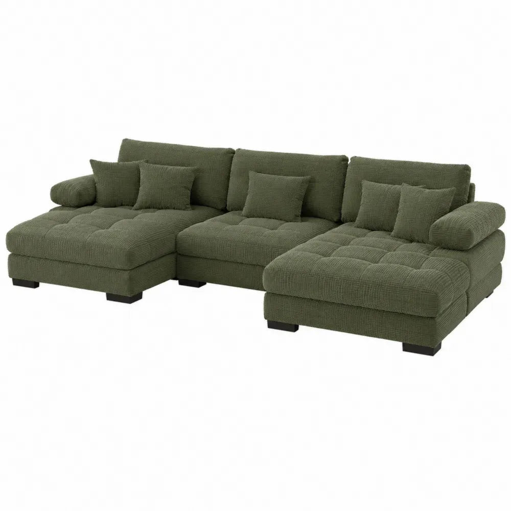 Sofá modular en U tapizado en tejido de poliéster tipo chenilla verde oliva con doble chaise longue 300 x 200 x 85 cm