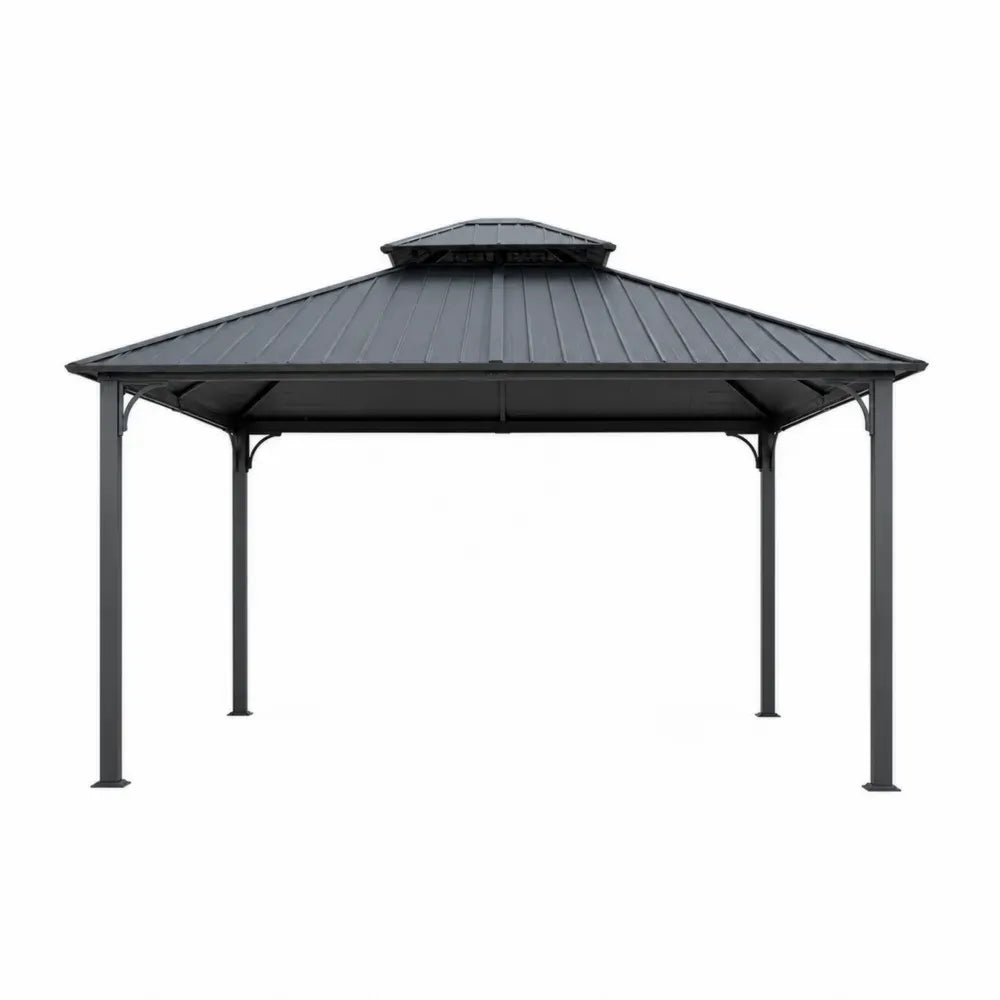 Pérgola gazebo de exterior de acero con techo metálico de doble nivel estructura 300 x 300 x 280 cm color gris oscuro