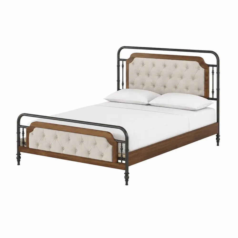 cama doble tapizada 160 cm x 200 cm con cabecero acolchado estructura de acero madera y base de láminas color beige negro madera natural