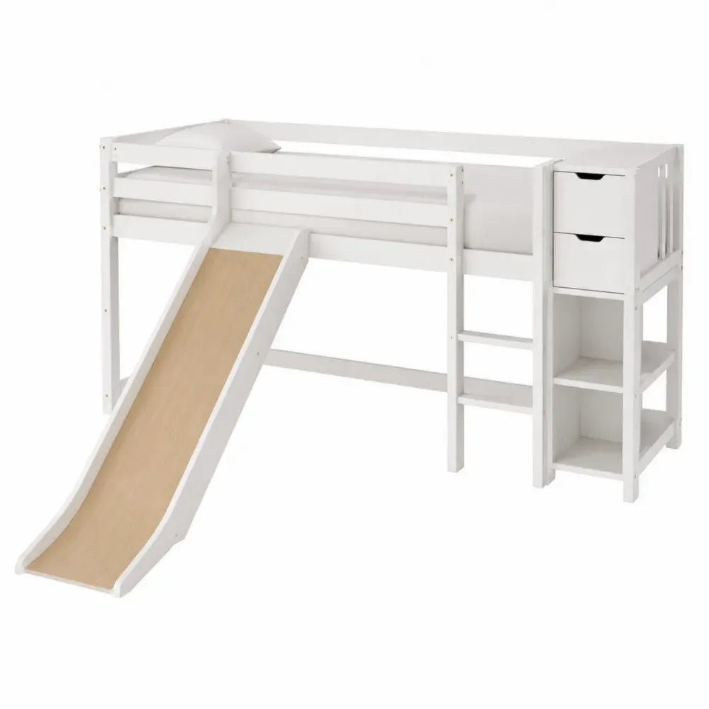 cama alta infantil con tobogán escalera y almacenamiento MDF blanco y madera natural 200 cm x 97 cm x 110 cm