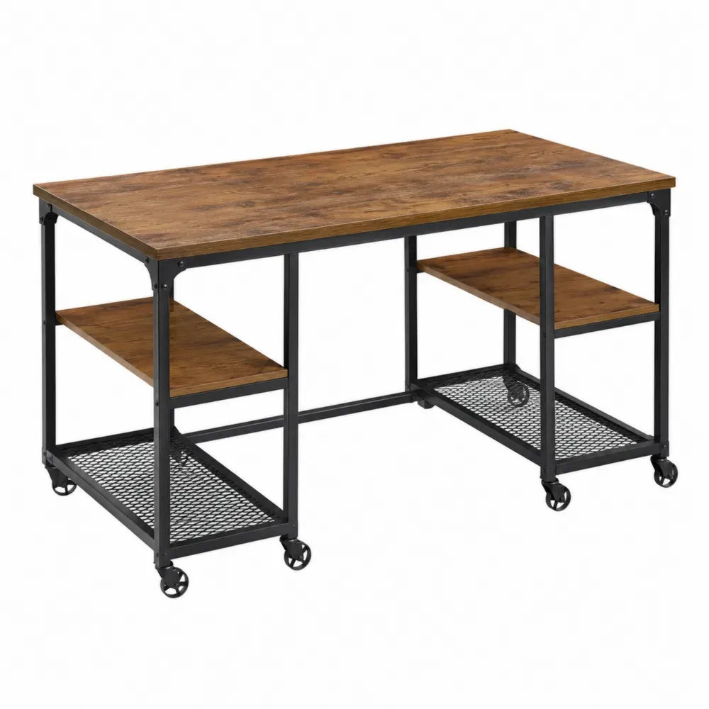 Escritorio móvil de oficina con estantes laterales tablero MDF efecto madera y estructura de acero negro 140 x 60 x 75 cm
