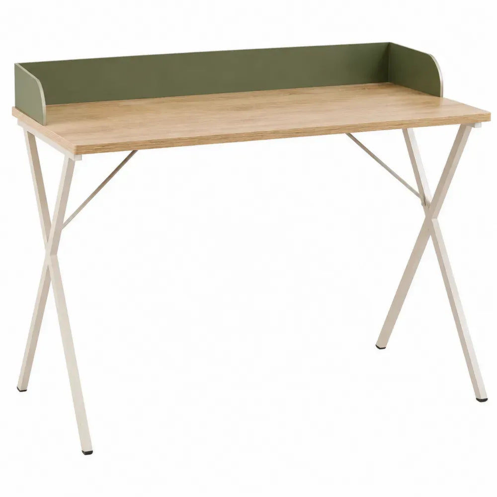 escritorio de oficina de tablero MDF con estructura de acero blanco y panel trasero verde forma rectangular acabado roble claro 120 cm x 60 cm x 90 cm