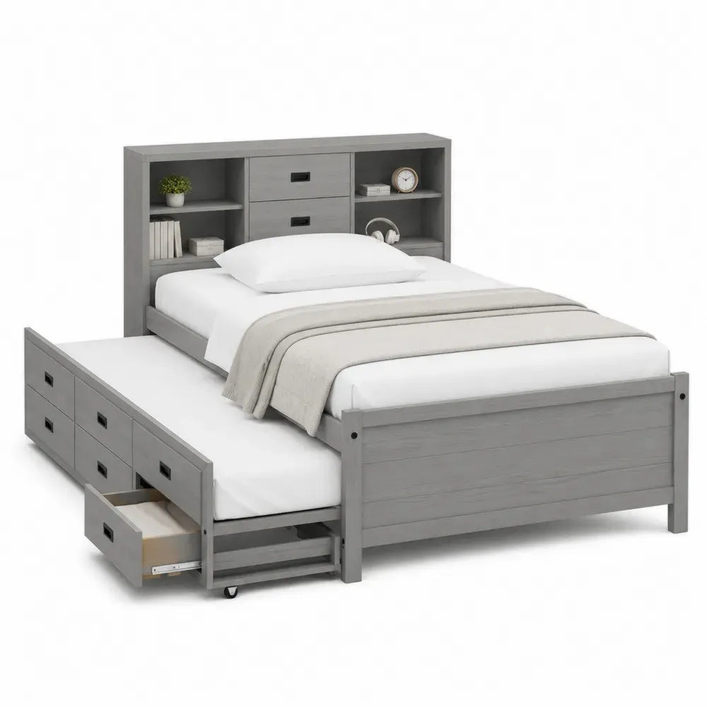 Cama con almacenamiento MDF gris con cabecero con estantes y cajones laterales estructura de madera y metal diseño moderno