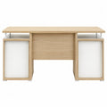 Escritorio de oficina con módulos laterales MDF blanco y madera natural 160 x 60 x 75 cm diseño moderno con almacenamiento integrado