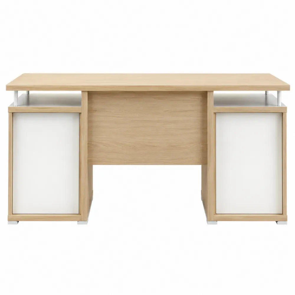 Escritorio de oficina con módulos laterales MDF blanco y madera natural 160 x 60 x 75 cm diseño moderno con almacenamiento integrado