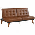 Sofá cama abatible rectangular tapizado en piel sintética PU marrón con capitoné y patas de madera 180 x 85 x 80 cm