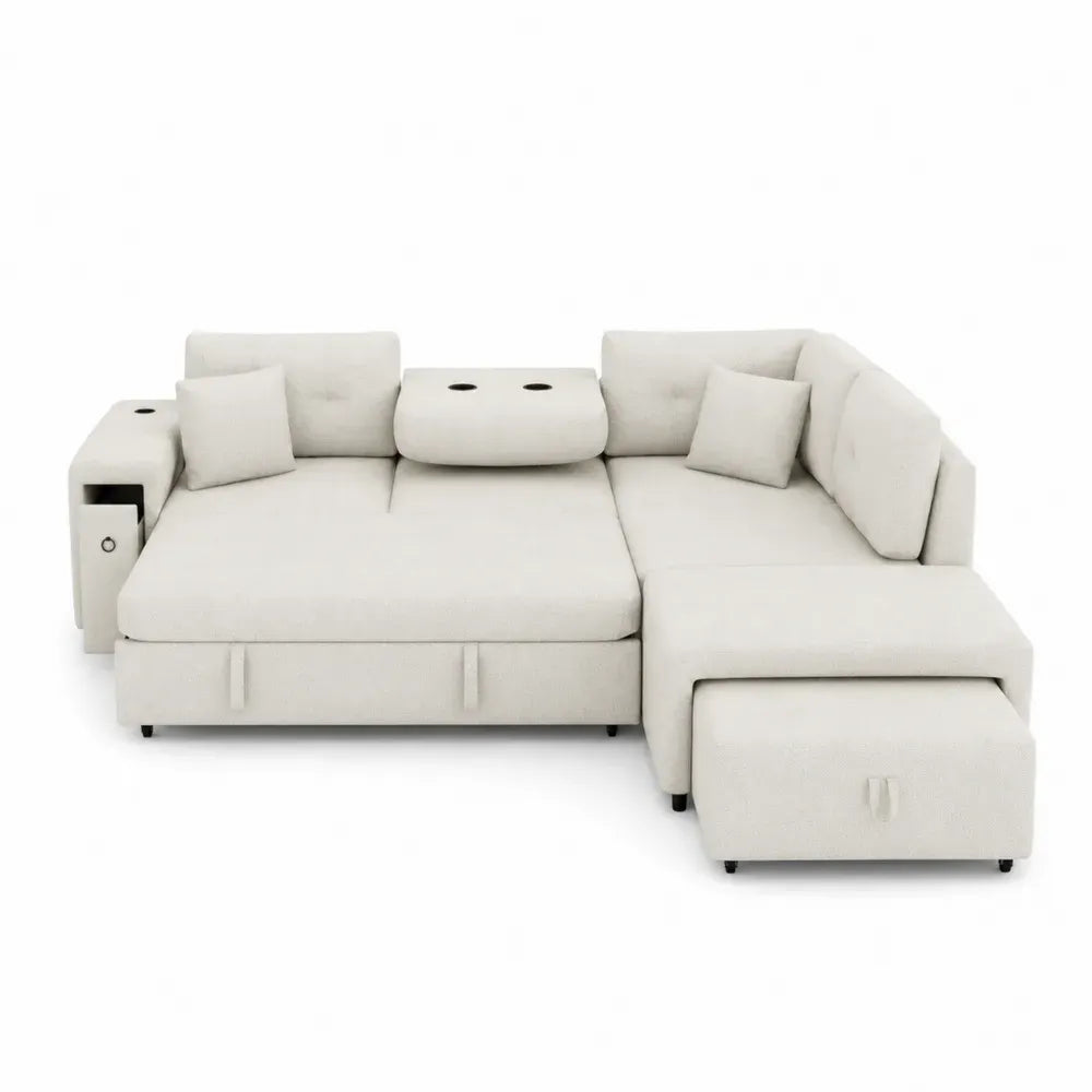 Sofá cama en L con chaise longue almacenamiento y portavasos tejido de poliéster estructura de madera 270 cm x 160 cm x 85 cm color beige claro