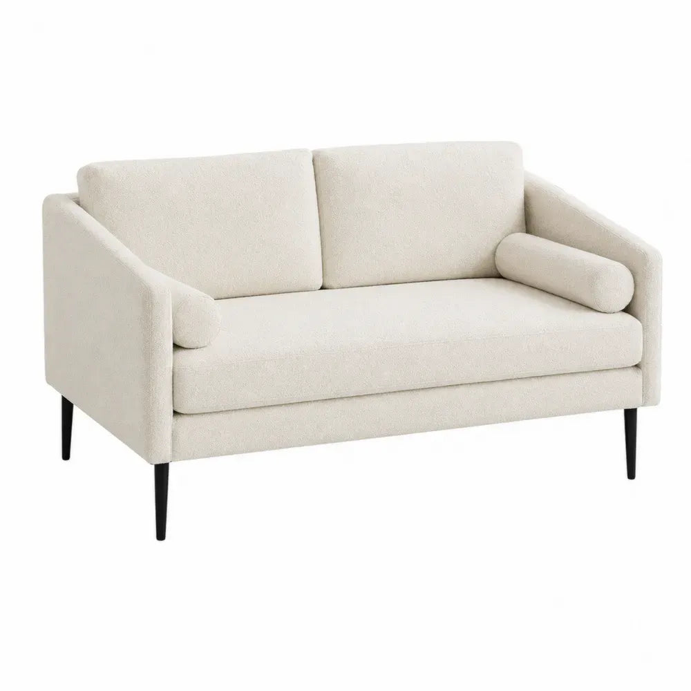 Sofá de dos plazas tapizado en tejido de poliéster bouclé color beige claro patas metálicas negras 160 x 80 x 85 cm
