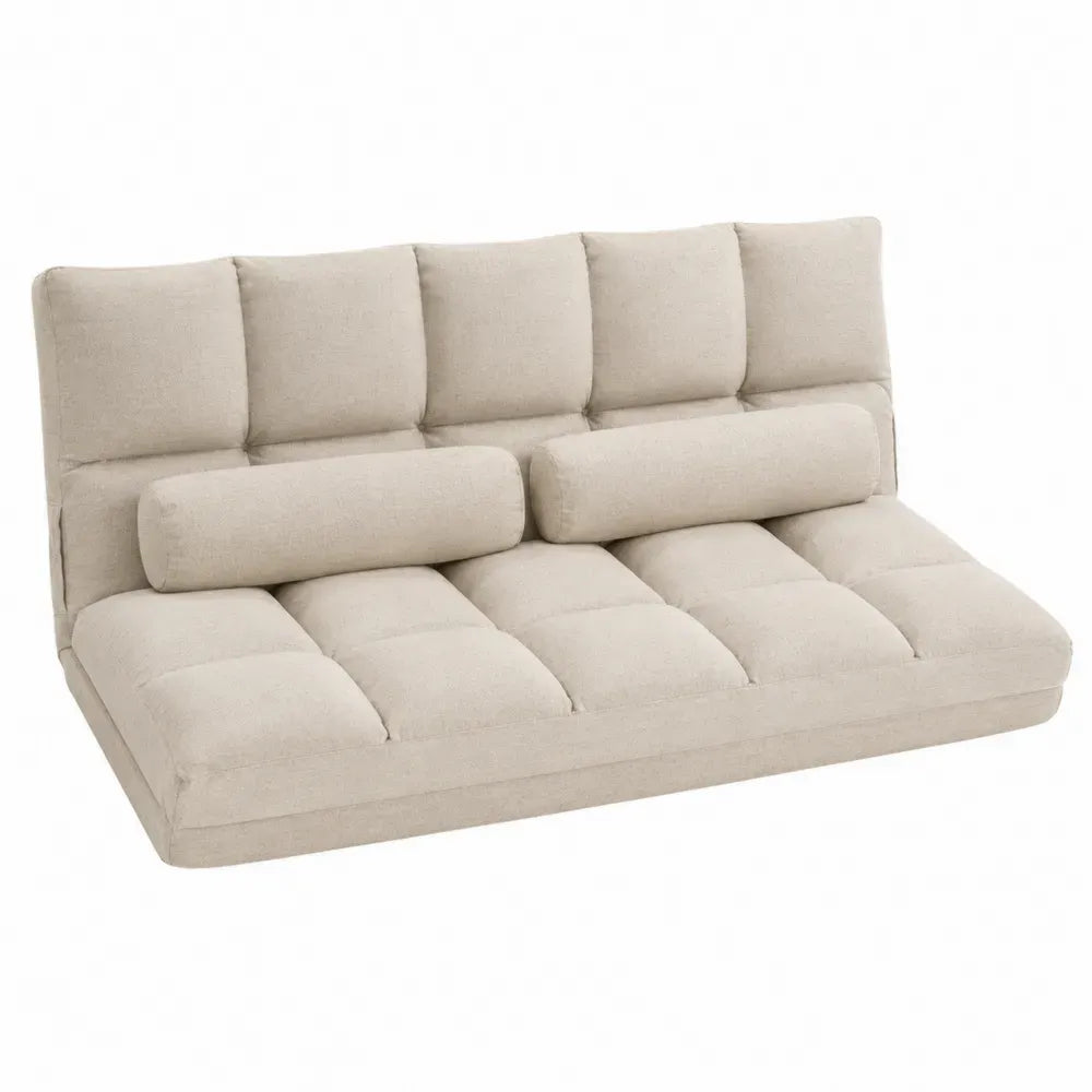 Sofá cama abatible tapizado en tejido de poliéster beige con asiento capitoné y cojines 200 x 90 x 85 cm