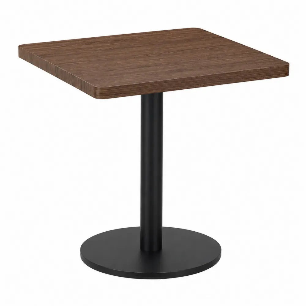 Mesa de comedor cuadrada de MDF con chapa de nogal y base central de acero negro 60 x 60 x 75 cm