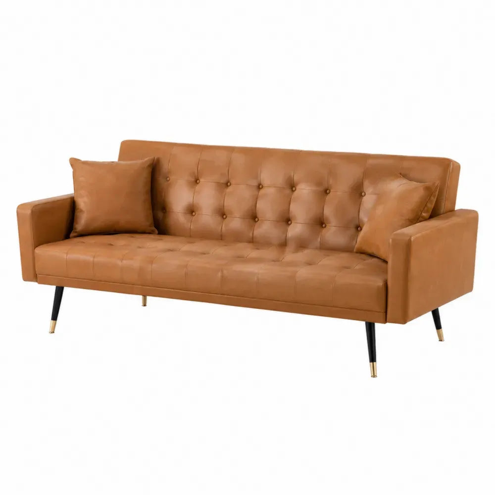 Sofá de 3 plazas tapizado en cuero sintético PU marrón capitoné con patas de madera y metal 200 x 85 x 80 cm