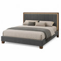 Cama tapizada para colchón 160 x 200 cm con cabecero acolchado y luz LED estructura de MDF rectangular gris y madera natural
