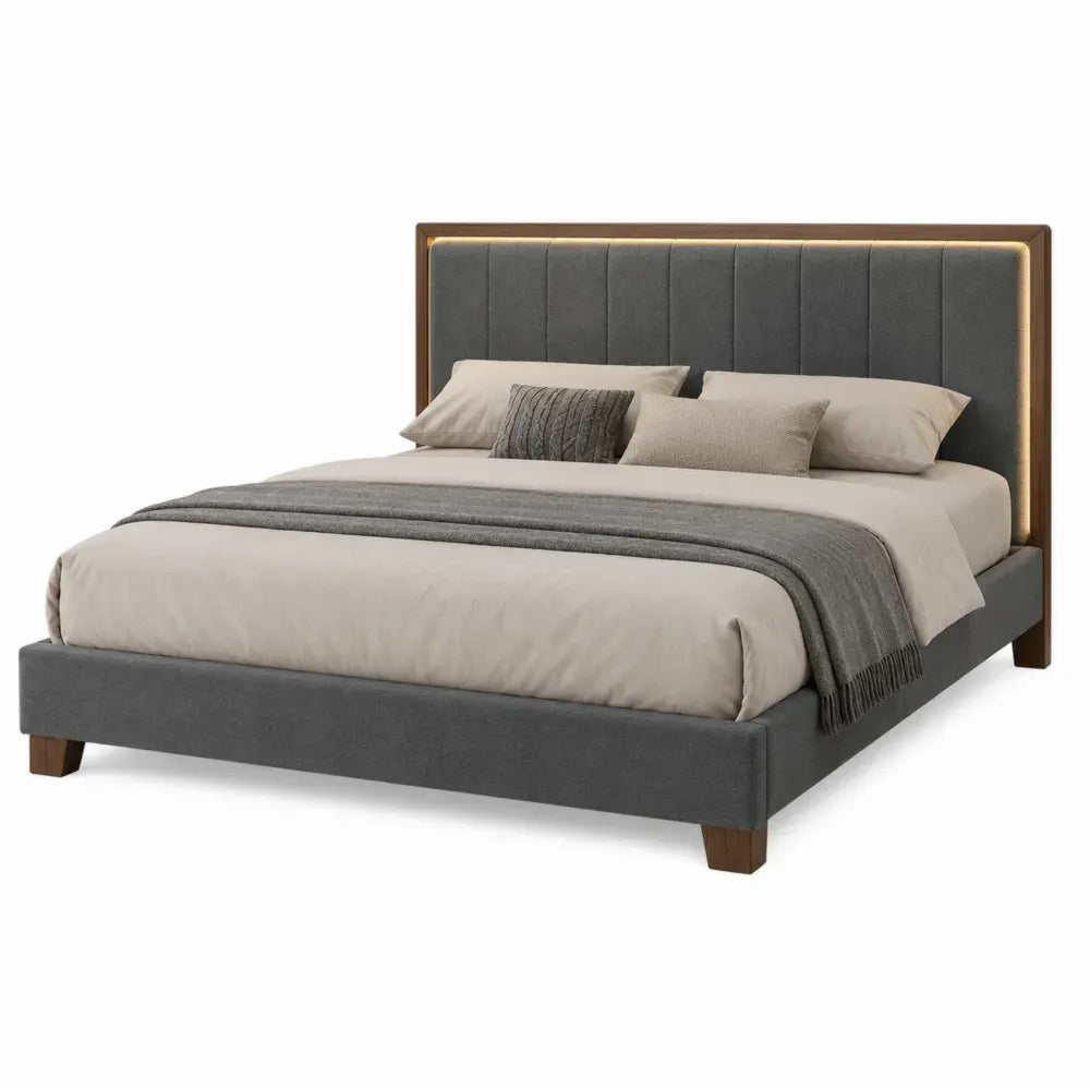Cama tapizada para colchón 160 x 200 cm con cabecero acolchado y luz LED estructura de MDF rectangular gris y madera natural